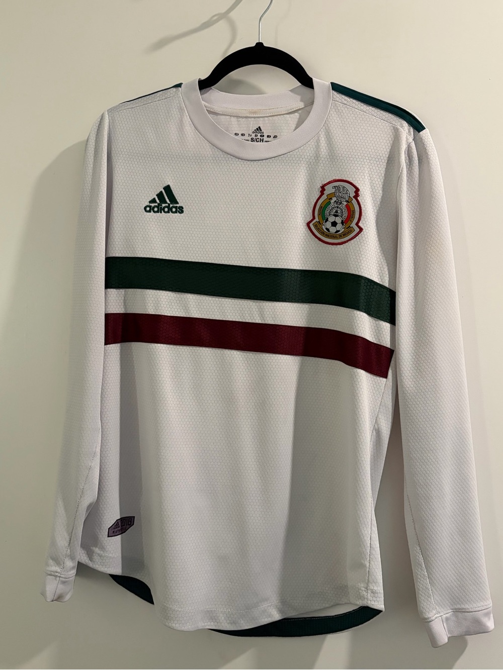 adidas White Long Sleeve Mexico Soccer Jersey with Green & Red Stripes
